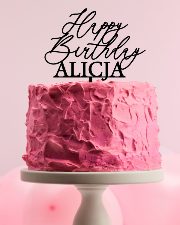 Topper / dekor na tort "Happy Birthday + Imię" wersja DELIKATNA